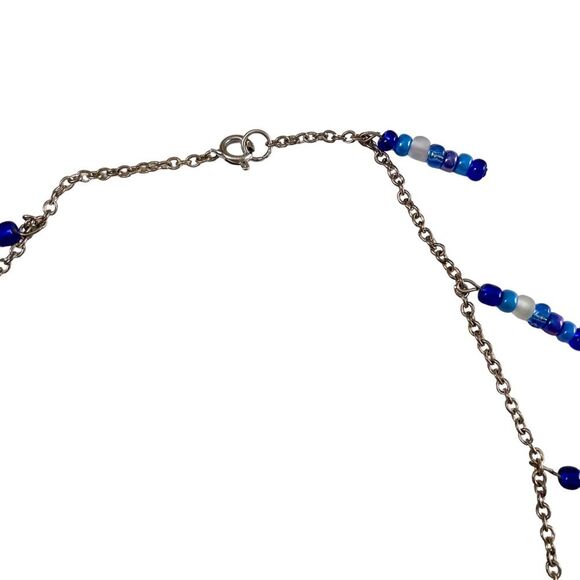 Handmade Silver Chain Blue Beaded Tassel Clasp Necklace - Picture 3 of 5